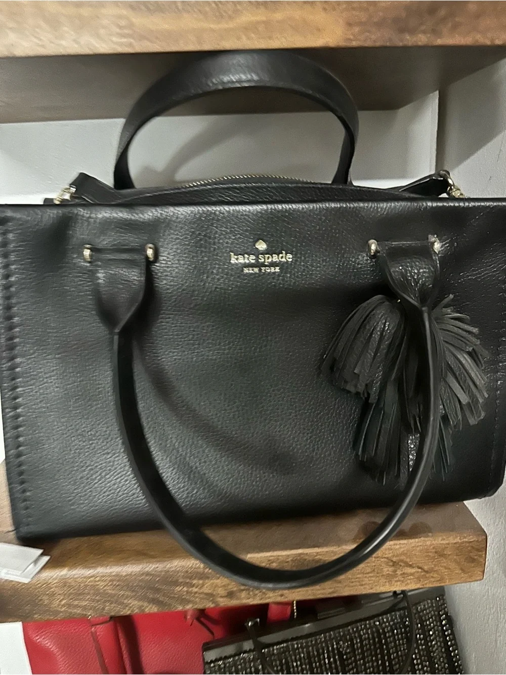 kate spade Black Leather Satchel with Tassel Accent